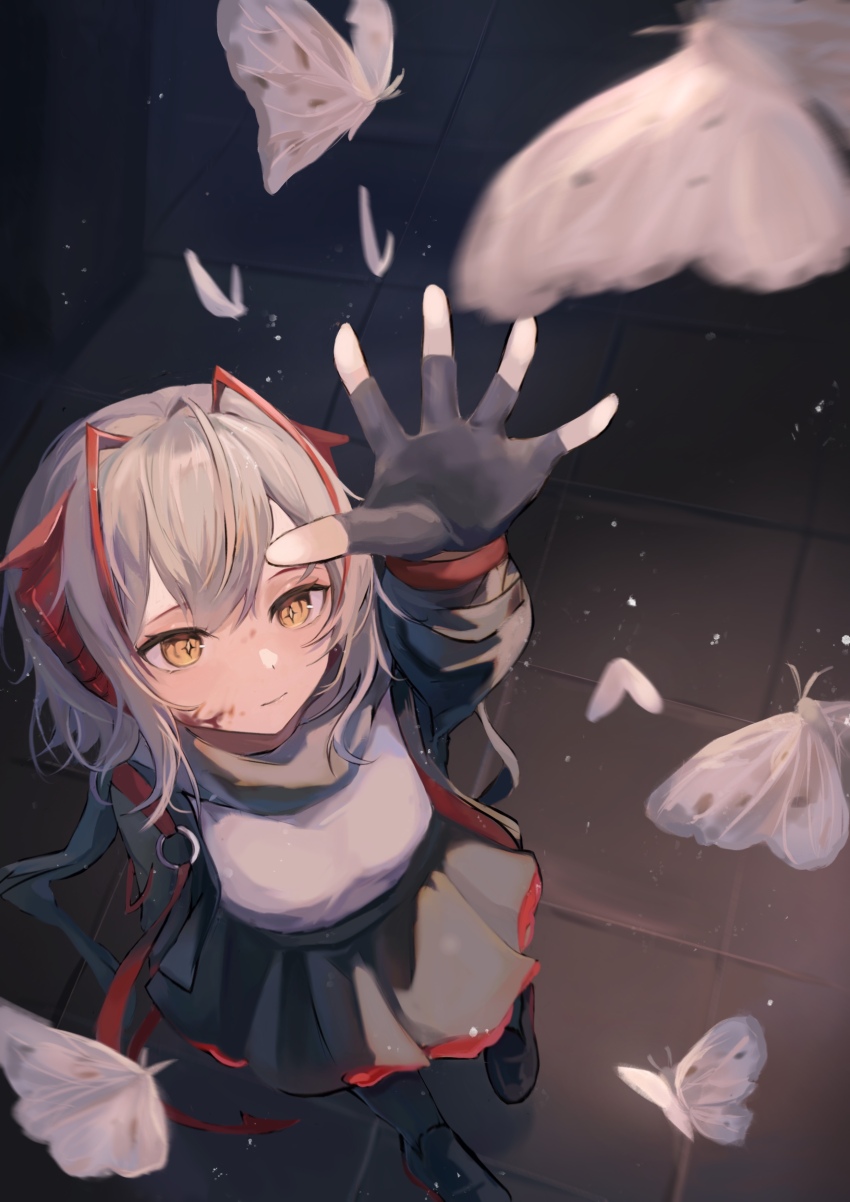 1girl absurdres arknights beiwushide_lr black_gloves black_jacket black_shoes black_skirt blood blood_on_face breasts bug crosshair_pupils demon_horns dot_nose expressionless fingerless_gloves foreshortening from_above full_body gloves grey_hair grey_shirt highres horns insect jacket light_particles medium_hair moth open_clothes open_jacket outstretched_arm pantyhose shirt shoes sidelocks skirt small_breasts solo tile_floor tiles w_(arknights)