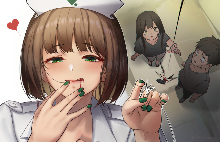 1boy 2girls blood giant giantess kuroihassan mini_person miniboy minigirl multiple_girls nail_polish nurse original sandals tagme