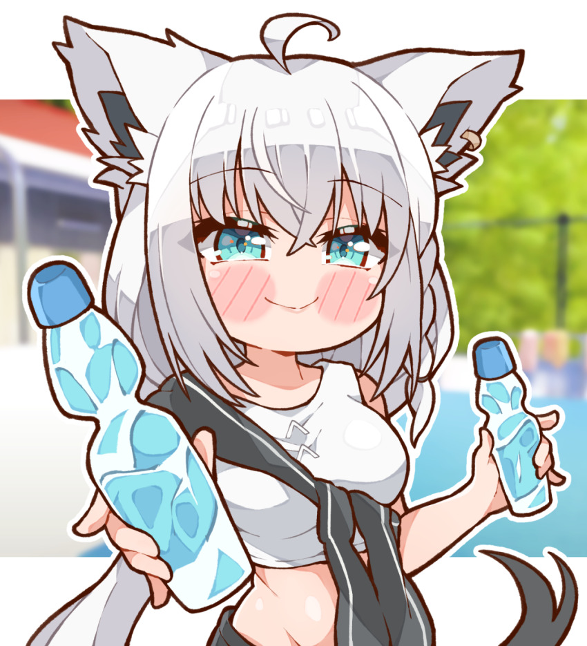 1girl ahoge animal_ear_piercing animal_ears blue_eyes bottle braid breasts closed_mouth cropped_shirt fox_ears fox_girl fox_tail hair_between_eyes highres holding holding_bottle hololive kukie-nyan long_hair looking_at_viewer medium_breasts medium_hair ramune shirakami_fubuki shirt sidelocks sleeveless sleeveless_shirt solo tail virtual_youtuber white_hair white_shirt