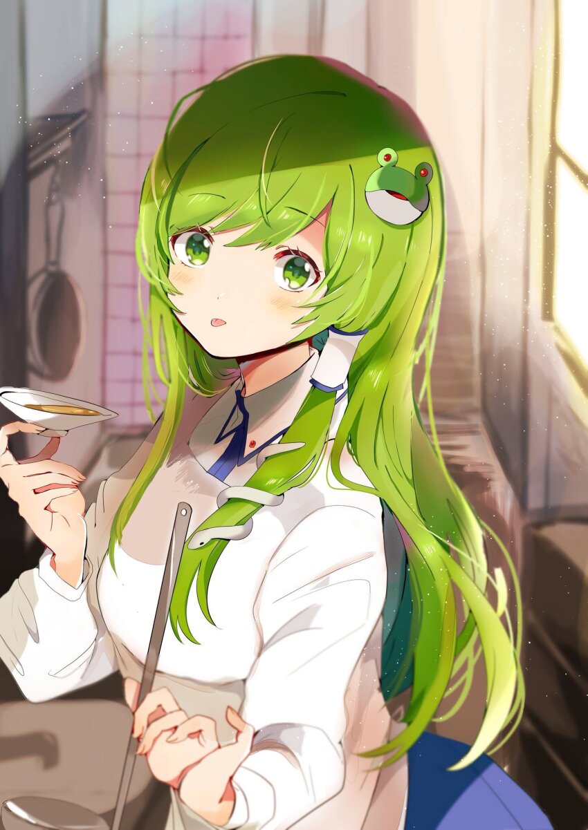 1girl apron blue_skirt collared_shirt cup dot_nose frog_hair_ornament frying_pan green_eyes green_hair hair_ornament hair_tubes highres holding holding_cup indoors kitchen kochiya_sanae ladle light_blush light_particles long_hair looking_at_viewer satoupote shirt sidelocks single_hair_tube skirt snake_hair_ornament solo swept_bangs tongue tongue_out touhou upper_body white_apron window