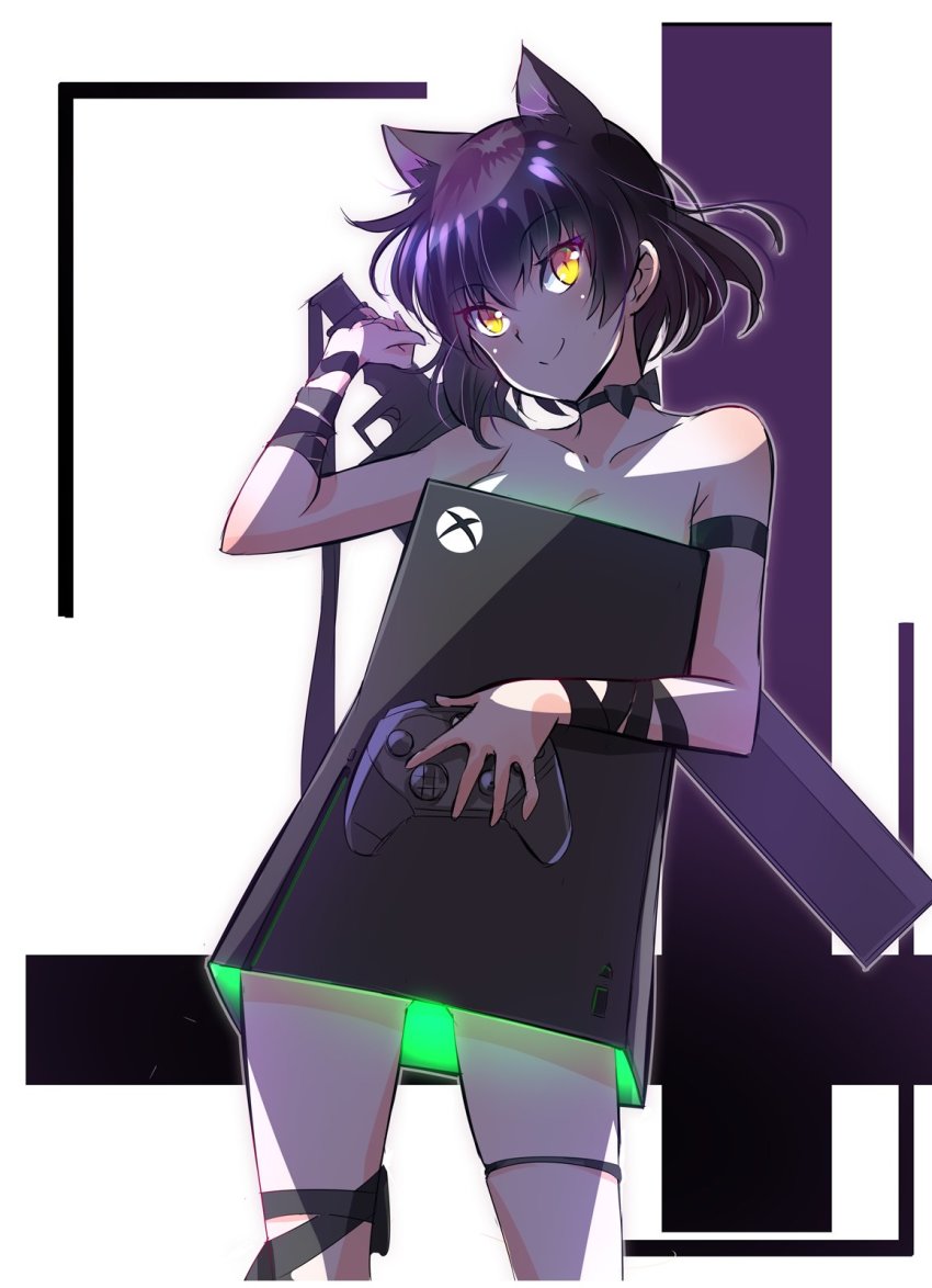 1girl animal_ears black_hair blake_belladonna cat_ears cat_girl choker combination_weapon controller gambol_shroud game_console game_controller highres iesupa leg_ribbon neck_ribbon pistol_sword ribbon rwby solo yellow_eyes