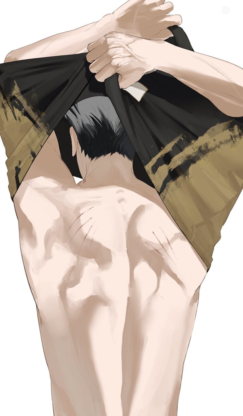 1boy arms_up back back_muscles black_hair bokuto_koutarou commentary_request cowboy_shot from_behind grey_hair haikyuu!! highres male_focus multicolored_hair scratches shirt solo topless_male undressing wansan_hq white_background