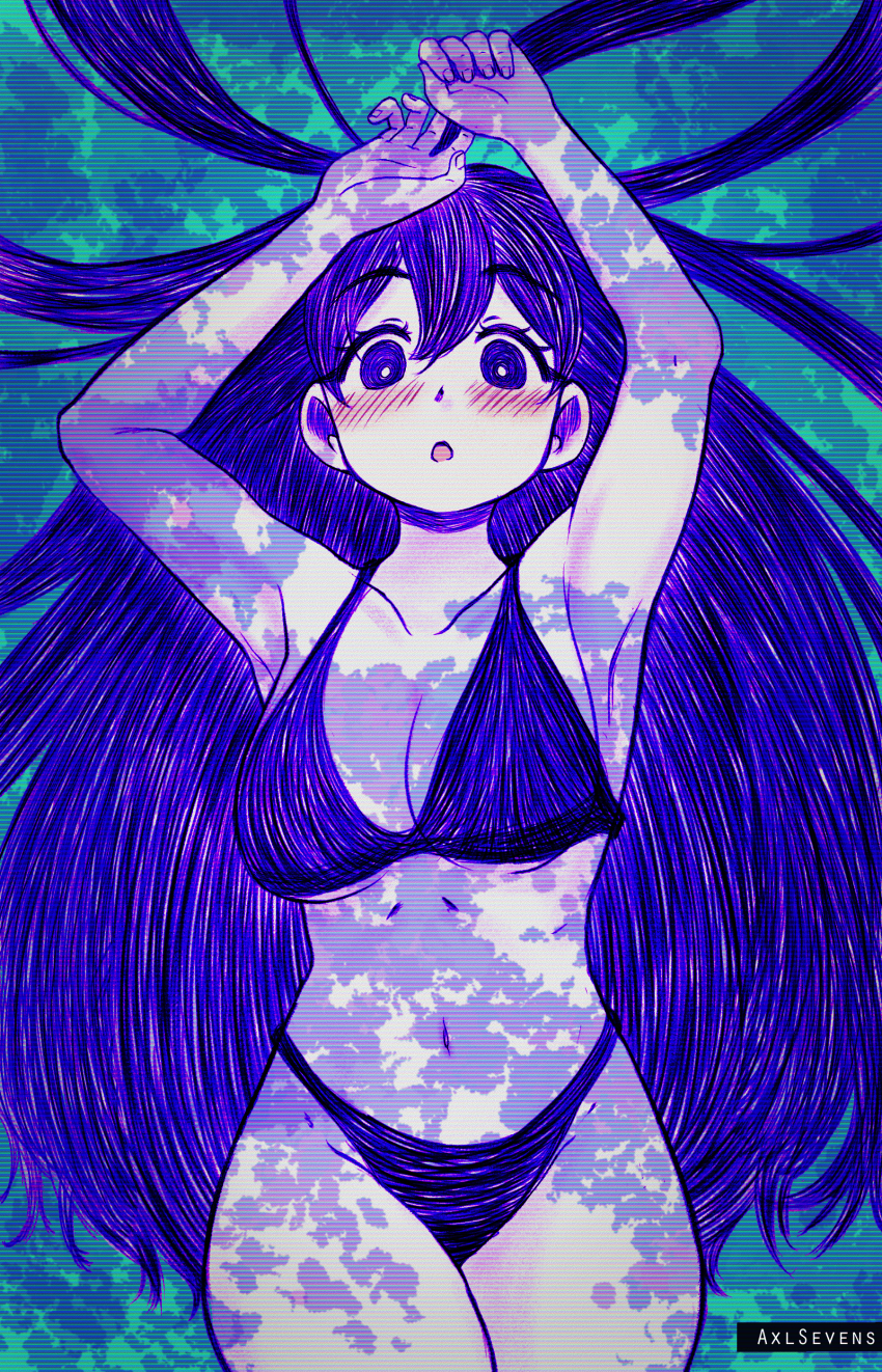 1girl absurdres axl_sevens bare_shoulders bikini black_hair breasts bright_pupils cleavage colored_skin highres long_hair looking_at_viewer mari_(headspace)_(omori) mari_(omori) omori open_mouth purple_eyes purple_hair smile swimsuit white_skin