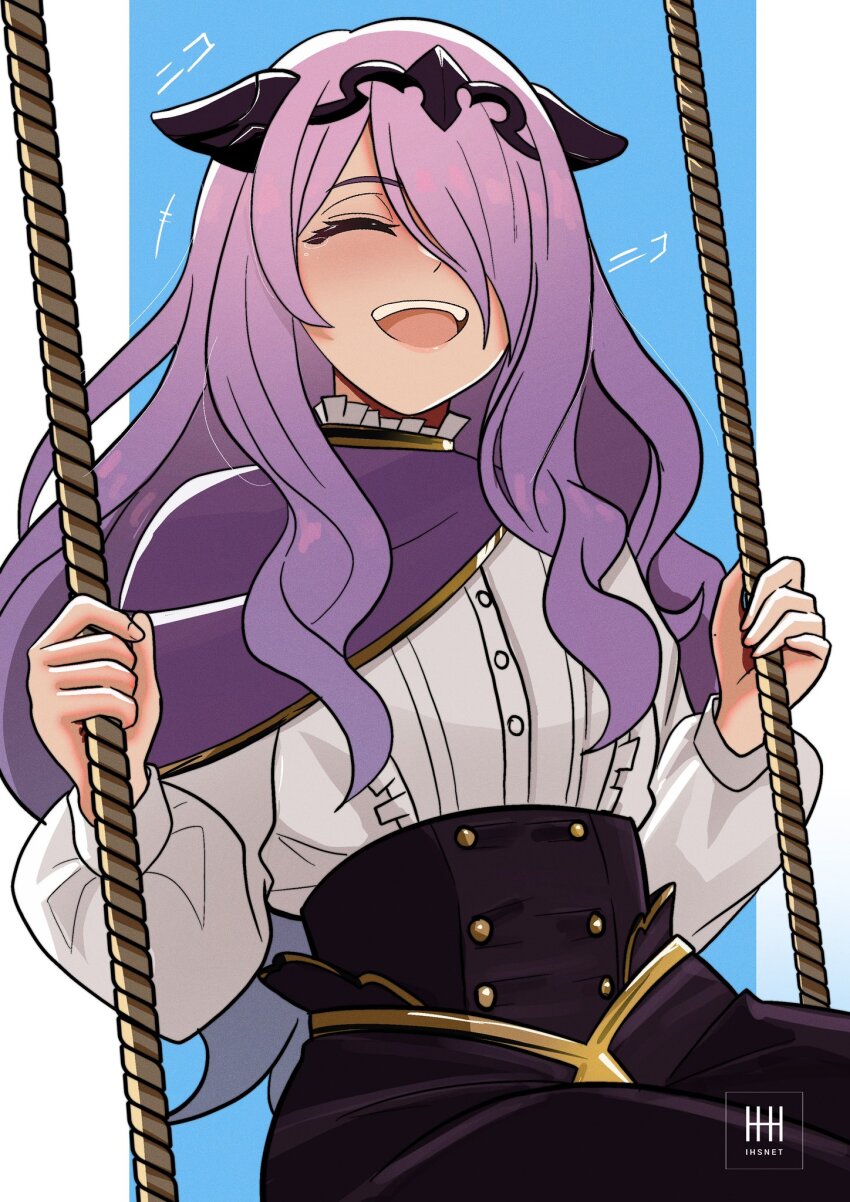 1girl aged_down camilla_(fire_emblem) camilla_(young_beauty)_(fire_emblem) capelet fake_horns fire_emblem fire_emblem_fates fire_emblem_heroes frilled_shirt frills hair_over_one_eye highres horns ihsnet long_hair nintendo official_alternate_costume open_mouth purple_capelet purple_eyes purple_hair shirt smile solo tiara wavy_hair