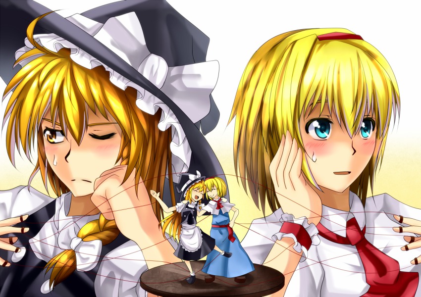 2girls alice_margatroid aqua_eyes aqua_hair ascot blonde_hair blush braid capelet dress female_focus hair_ribbon hairband hat kirisame_marisa long_hair multiple_girls one_eye_closed pandora-ex puppet puppet_rings puppet_strings ribbon ring short_hair touhou wink yellow_eyes