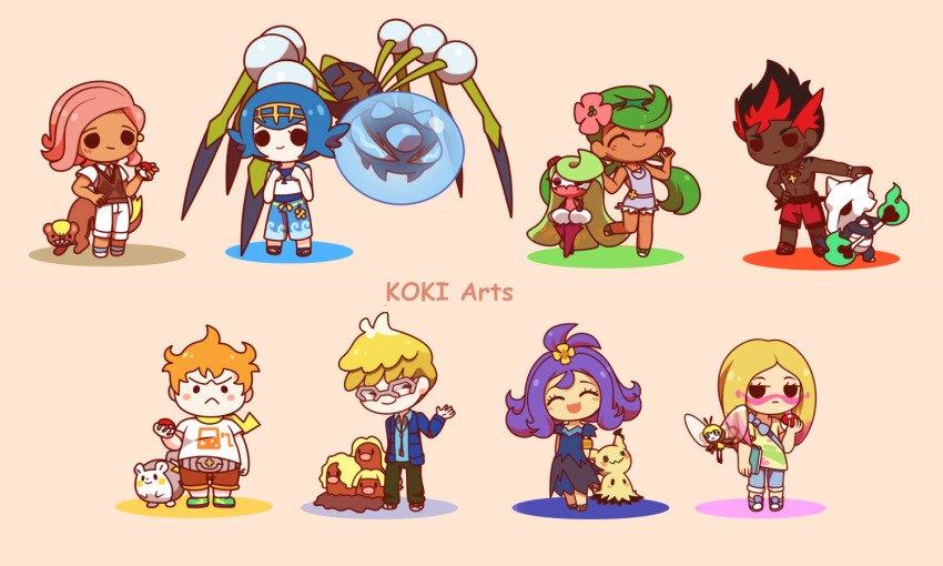 4boys 4girls acerola_(pokemon) alolan_dugtrio alolan_form alolan_marowak araquanid artist_name belt black_hair blonde_hair blue_dress blue_hair blue_jacket blue_pants blue_shirt blush blush_stickers bone bracelet brown_shorts brown_sweater_vest chibi closed_eyes closed_mouth collared_shirt commentary dark-skinned_female dark-skinned_male dark_skin dress english_commentary eyelashes facepaint fire full_body game_freak gen_7_pokemon glasses green_fire green_footwear green_hair green_pants grey-framed_eyewear grey_belt grey_overalls half-closed_eyes hands_up holding holding_bone holding_poke_ball holding_sketchbook ilima_(pokemon) jacket jewelry kiawe_(pokemon) koki_arts lana_(pokemon) long_hair looking_at_viewer mallow_(pokemon) mimikyu mina_(pokemon) molayne_(pokemon) multicolored_hair multiple_boys multiple_girls necklace nintendo open_clothes open_jacket open_mouth orange_hair outstretched_arm overalls paint_on_clothes pants pink_hair poke_ball poke_ball_(basic) pokemon pokemon_(creature) pokemon_sm purple_hair red_hair red_shorts ribombee sandals scarf sharp_teeth shirt short_hair short_sleeves shorts simple_background sketchbook sophocles_(pokemon) standing sweater_vest teeth togedemaru topless_male tsareena twintails two-tone_hair white_pants white_shirt yellow_scarf yungoos