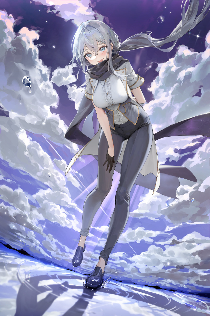 1girl :d absurdres black_gloves blue_eyes blue_shoes blue_sky breasts cloud cloudy_sky full_body gloves grey_hair highres i&#039;m_quitting_the_hero&#039;s_party large_breasts long_hair looking_at_viewer ocean official_art open_mouth outdoors pants pepperdevil rania_van_trias shadow shirt shoes sidelocks sky smile solo standing water