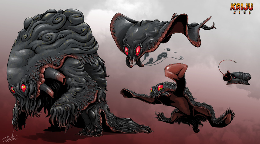 absurdres colored_sclera creature evolutionary_line flying full_body godzilla_(series) godzilla_vs._hedorah gugenheim98 hedorah highres hunched_over jumping kaiju looking_at_viewer monster monster_focus multiple_persona no_humans red_sclera redesign signature simple_background smog tail tentacles toho tongue tongue_out yellow_eyes