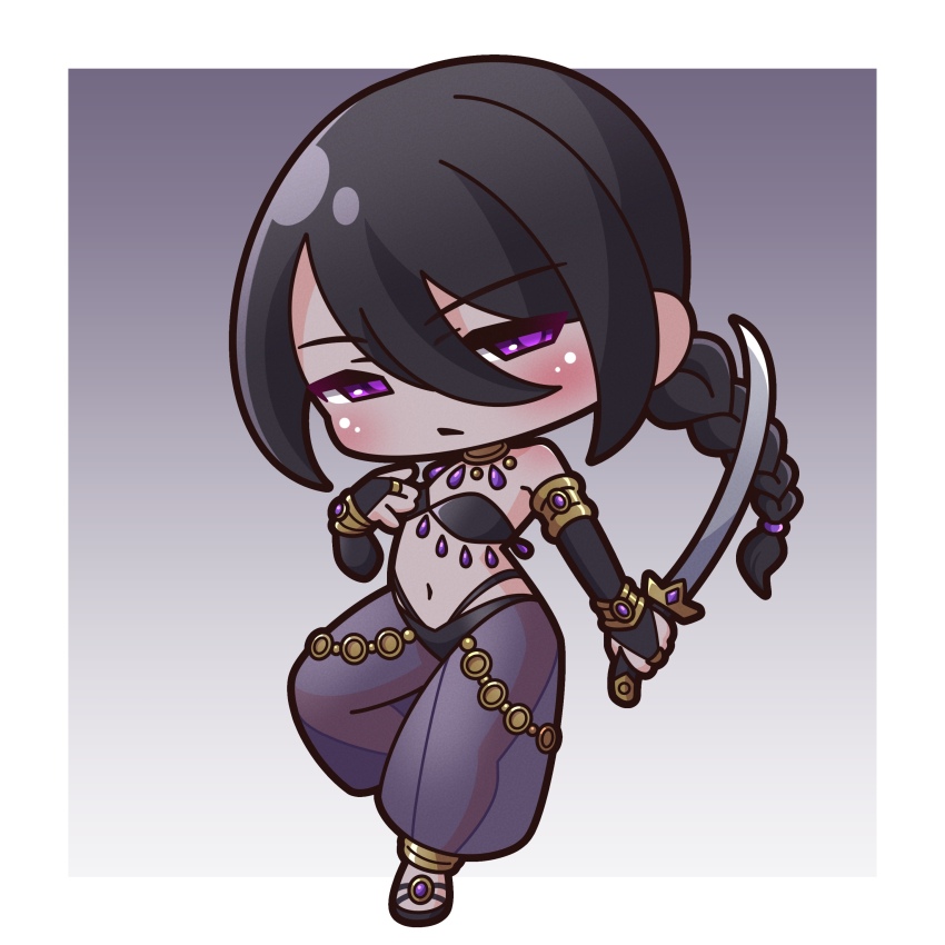 1girl absurdres bare_shoulders black_footwear black_hair blush braid breasts bridal_gauntlets chibi closed_mouth commentary_request full_body gradient_background grey_background hair_between_eyes half-closed_eyes highres holding holding_sword holding_weapon long_hair looking_at_viewer navel original personification puffy_pants purple_eyes saishosaisekojo scorpio_(zodiac) see-through_clothes single_braid small_breasts solo standing standing_on_one_leg sword very_long_hair weapon weapon_request zodiac