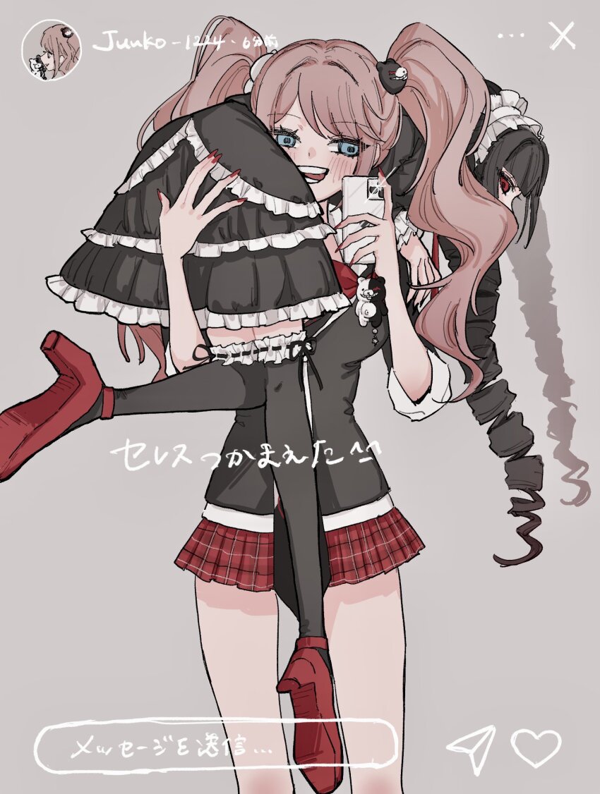 2girls :d black_boots black_hair black_thighhighs blush boots celestia_ludenberg commentary_request danganronpa:_trigger_happy_havoc danganronpa_(series) drill_hair enoshima_junko frilled_thighhighs frills hand_up heart high_heel_boots high_heels highres holding holding_phone miniskirt monokuma multiple_girls nail_polish open_mouth phone pleated_skirt raamensusure red_eyes red_nails red_shoes red_skirt selfie shoes skirt smile teeth thighhighs twin_drills twintails white_background yuri