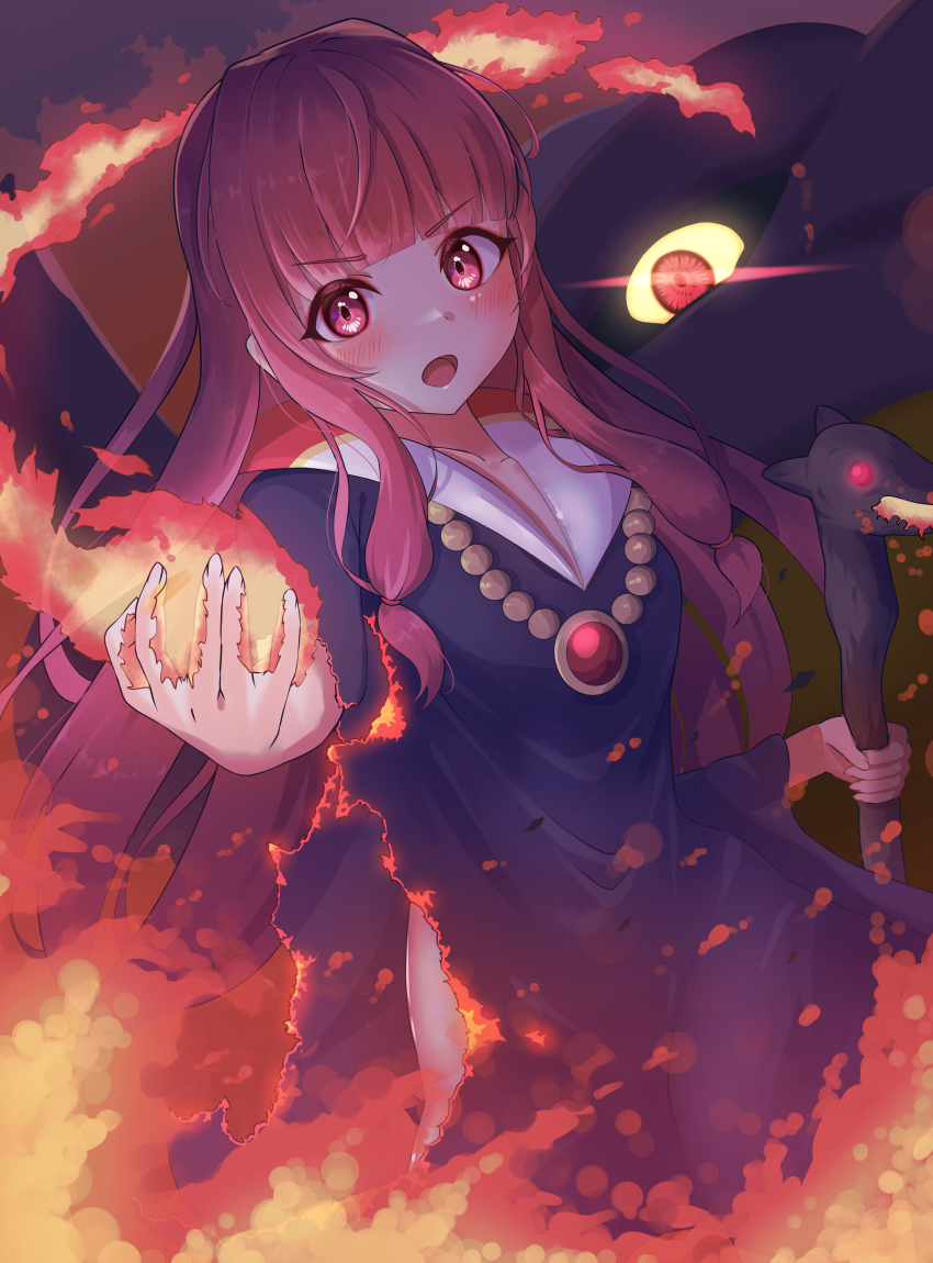 1girl 1other absurdres blunt_bangs burning_clothes colored_sclera commentary_request cosplay crossover dragon dragon_lord dragon_lord_(cosplay) dragon_quest dragon_quest_i fire floating_hair glowing glowing_eyes hatyomugi00 highres holding holding_staff jewelry kotonoha_akane long_hair looking_at_viewer necklace open_mouth pink_eyes pink_hair purple_robe red_eyes robe staff voiceroid yellow_sclera
