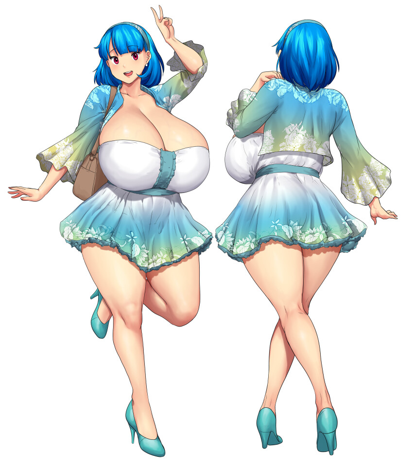 1girl absurdres aqua_shoes blue_hair blush breasts collarbone cropped_jacket curvy dress earrings erkaz floral_print floral_print_dress full_body hairband high_heels highres huge_breasts jacket jewelry looking_at_viewer low_neckline medium_hair minidress multiple_views open_clothes open_jacket open_mouth original print_dress pumps red_eyes rina_atherina shiny_skin shoes smile thick_thighs thighs v veins veiny_breasts wide_hips wide_sleeves