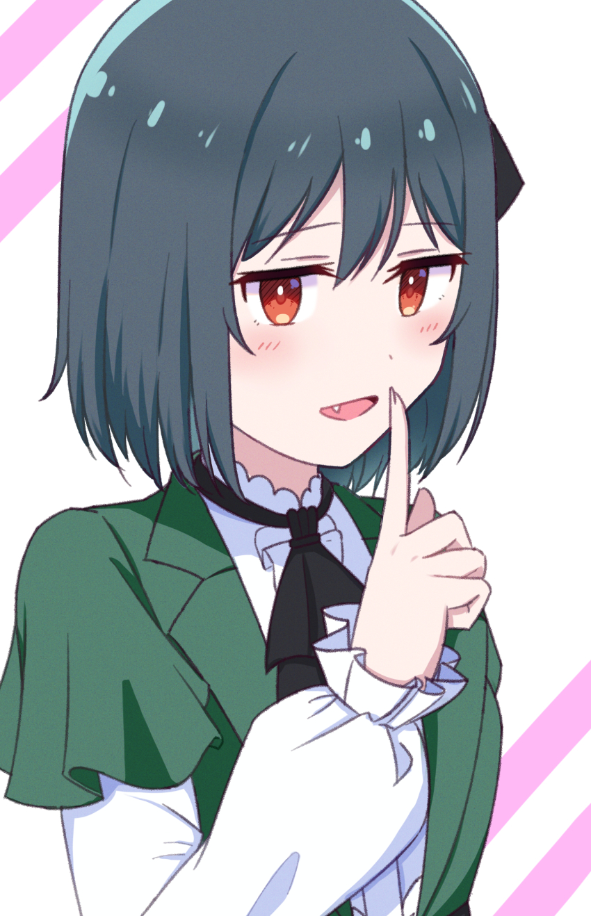 1girl absurdres ascot black_ascot black_hair blush fang finger_to_mouth frilled_sleeves frills green_jacket hair_between_eyes highres jacket jitome koufukuron_(love_live!) long_sleeves looking_at_viewer love_live! love_live!_nijigasaki_high_school_idol_club mifune_shioriko open_mouth reason3_s red_eyes shirt short_hair shushing solo upper_body white_shirt