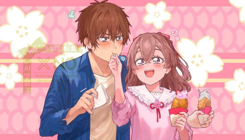 1boy 1girl blouse blue_eyes blue_jacket blush brown_hair cherry_blossoms couple delicious_party_precure feeding floral_background food food_in_mouth frilled_shirt_collar frilled_sleeves frills hair_between_eyes hair_ornament hair_ribbon holding holding_food holding_napkin ice_cream jacket long_sleeves mature_female mature_male medium_hair miri_(crafimiri) nagomi_yui open_clothes open_jacket open_mouth parted_bangs pink_background pink_shirt precure ribbon shared_food shinada_takumi shirt short_hair standing sweatdrop taiyaki twintails upper_body wagashi watermark white_shirt