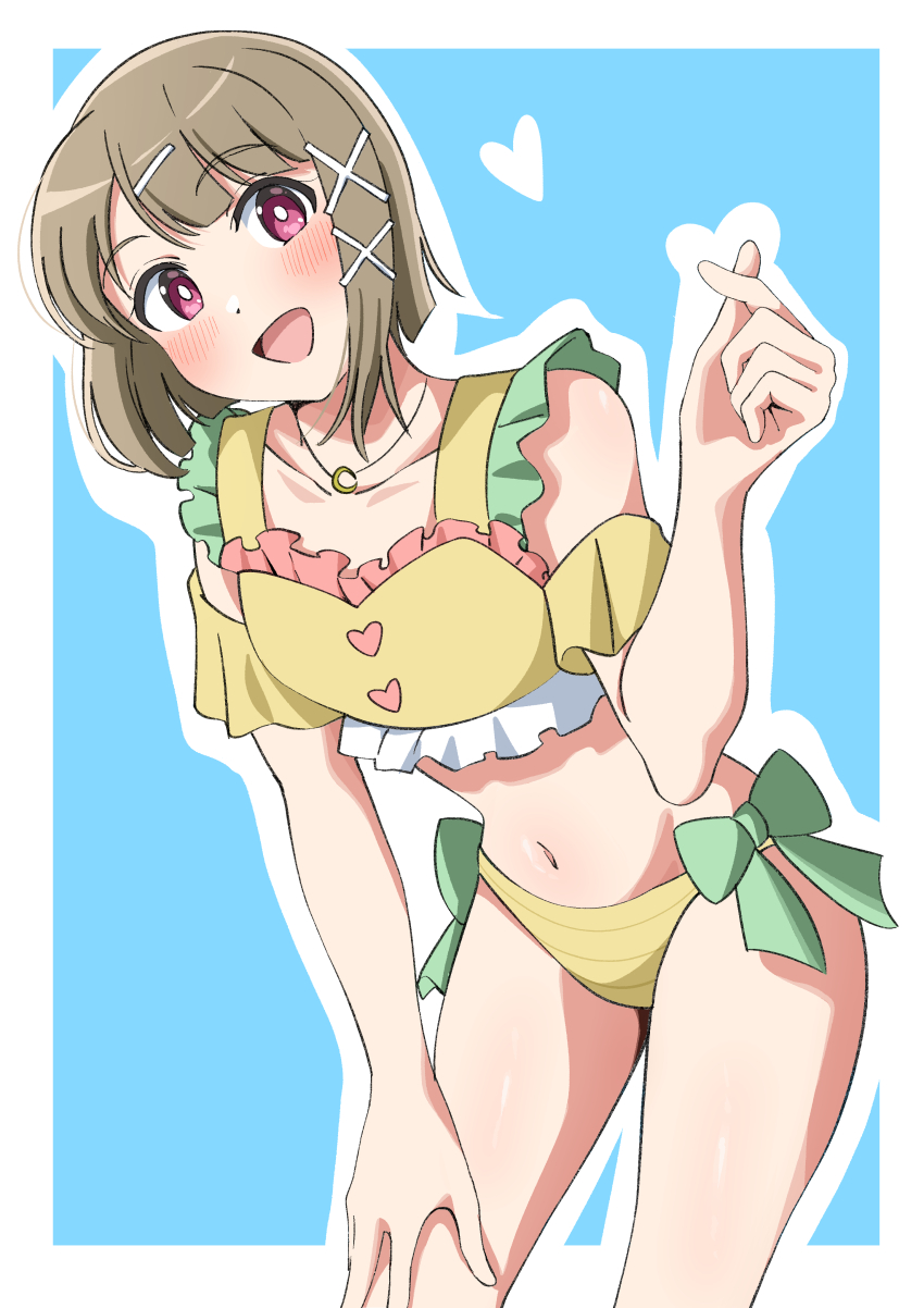1girl :d absurdres bikini blue_background blunt_bangs blush border bow bow_bikini brown_hair collarbone commentary cowboy_shot crescent crescent_necklace finger_heart frilled_bikini frills green_bow hair_ornament hairclip hand_on_own_leg hand_on_own_thigh heart highres jewelry leaning_forward looking_at_viewer love_live! love_live!_nijigasaki_high_school_idol_club love_live!_nijigasaki_high_school_idol_club_the_movie_-_finale midriff nakasu_kasumi navel necklace official_alternate_costume open_mouth outline outside_border pink_eyes purple_eyes short_hair simple_background smile solo split_mouth stomach swimsuit uchuu_no_mozuku white_border white_outline x_hair_ornament yellow_bikini