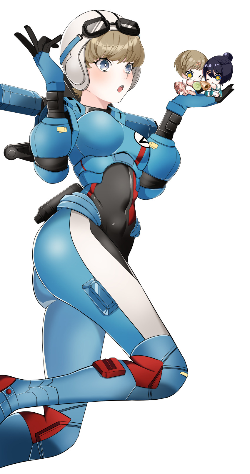 1girl :o absurdres apex_legends armor black_bodysuit blue_bodysuit blue_gloves blush bodysuit breastplate breasts bright_pupils brown_hair cosplay covered_navel gloves goggles goggles_on_headwear grey_eyes helmet highres komugitsumu looking_ahead medium_breasts multicolored_bodysuit open_mouth original short_hair solo vanvan_62 wattson_(apex_legends) wattson_(apex_legends)_(cosplay) white_helmet white_pupils wired_for_speed_wattson wraith_(apex_legends)