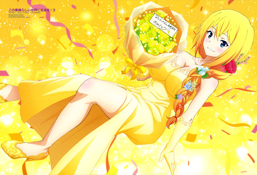 absurdres animedia arm_support blonde_hair blue_eyes blue_flower blush bouquet braid breasts cleavage clothes_lift collarbone confetti darkness_(konosuba) dress flower gloves grin hair_between_eyes hair_flower hair_ornament high_heels highres holding holding_bouquet kono_subarashii_sekai_ni_shukufuku_wo! large_breasts long_hair looking_at_viewer official_art purple_flower red_flower rose scan shoes sidelocks skirt skirt_lift smile thighs yellow_dress yellow_gloves yellow_shoes