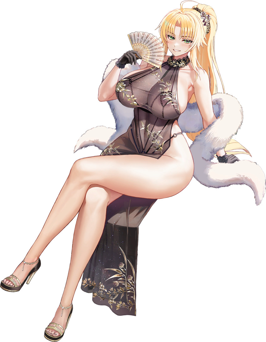 1girl ahoge arm_support barbariana_(last_origin) black_gloves blonde_hair bottle cup dress drinking_glass feather_boa folding_fan gloves green_eyes halter_dress halterneck hand_fan hand_up high_heels highleg highleg_panties highres holding holding_fan last_origin long_hair looking_at_viewer nail_polish official_art panties parted_lips ponytail side_slit simple_background smile solo table taesi toeless_footwear transparent_background underwear