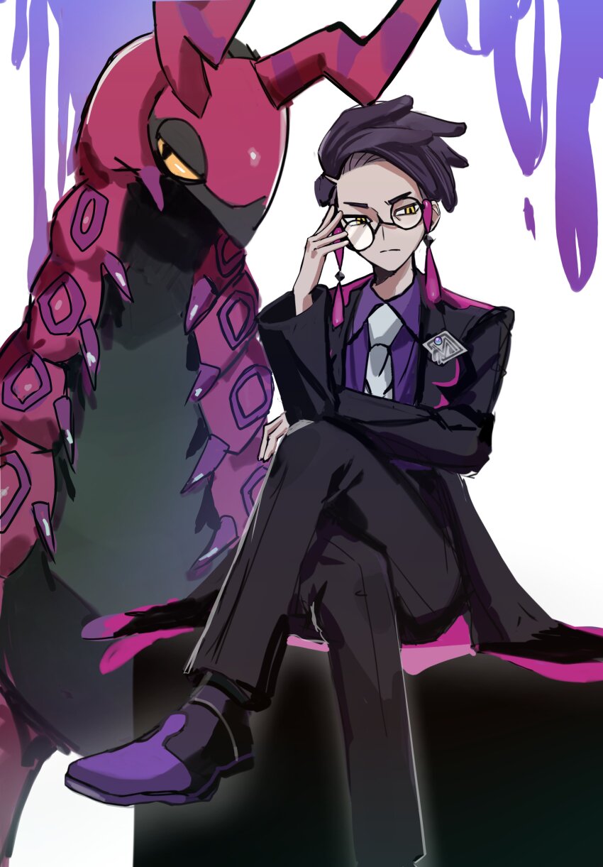 1boy absurdres antennae black-framed_eyewear black_hair black_jacket black_pants black_socks bug centipede closed_mouth collared_shirt colored_sclera corbeau_(pokemon) crossed_legs eyewear_strap gen_5_pokemon glasses highres jacket kairi0w0 long_sleeves looking_at_viewer necktie nintendo open_clothes open_jacket pants parted_hair pokemon pokemon_(creature) pokemon_legends:_z-a purple_hair purple_shirt round_eyewear scolipede shirt shoes short_hair short_sideburns sitting socks undercut white_necktie yellow_eyes yellow_sclera