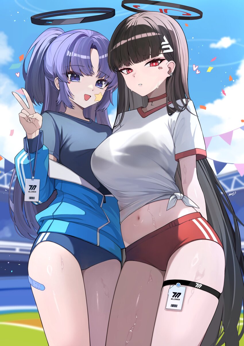 2girls :d absurdres arms_behind_back bandaid bandaid_on_leg black_bra black_hair black_shirt blue_archive blue_buruma blue_sky blunt_bangs blurry blurry_background bra bra_visible_through_clothes breasts buruma choker cloud commentary curtained_hair day earrings gym_shirt gym_uniform halo hand_up highres jacket jacket_partially_removed jewelry kkato lanyard long_hair looking_at_viewer mechanical_halo midriff multiple_girls navel official_alternate_costume open_mouth outdoors parted_lips partially_unzipped ponytail purple_eyes purple_hair red_buruma red_choker red_eyes rio_(blue_archive) shirt short_sleeves sky smile stadium star_(symbol) star_sticker sticker sticker_on_face sweat thigh_strap tied_shirt track_jacket underwear v v-neck very_long_hair white_shirt yuuka_(blue_archive) yuuka_(track)_(blue_archive)