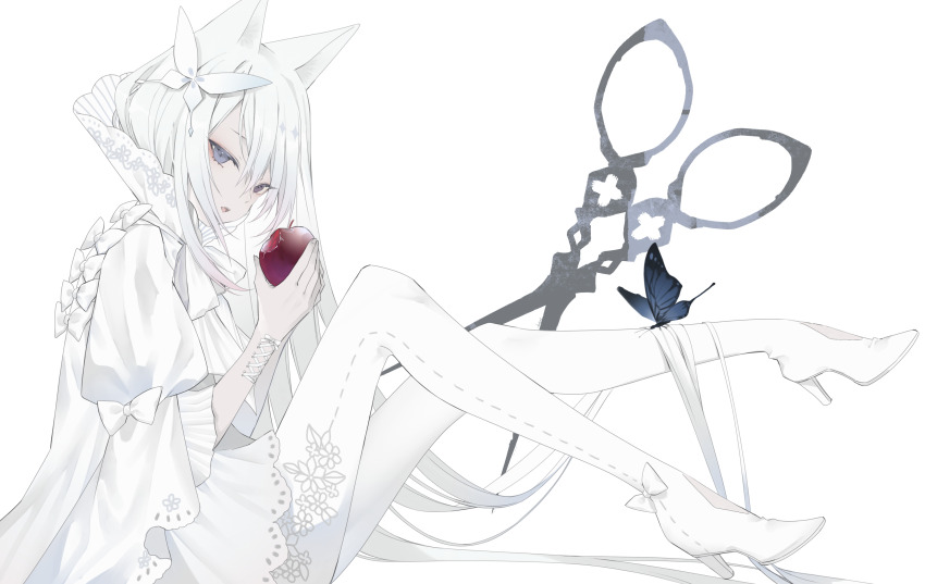 1girl absurdres animal_ears apple bitten_apple boots bow cat_ears cat_girl commentary dress food food_bite footwear_bow fruit full-leg_boots full_body grey_eyes hair_between_eyes high_heel_boots high_heels highres holding holding_food holding_fruit knees_up kotarou_(kot_mochi) long_hair long_sleeves looking_at_viewer original scissors sitting very_long_hair white_background white_boots white_dress white_hair