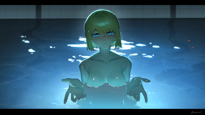 1girl backlighting bad_anatomy bare_shoulders blonde_hair blue_eyes breasts chainsaw_man collarbone helldivers_(series) highres i&#039;ll_teach_you_everything_(chainsaw_man) looking_at_viewer medium_breasts medium_hair night nude open_hands partially_submerged scene_reference seaf_soldier_(helldivers) smile solo water xanran