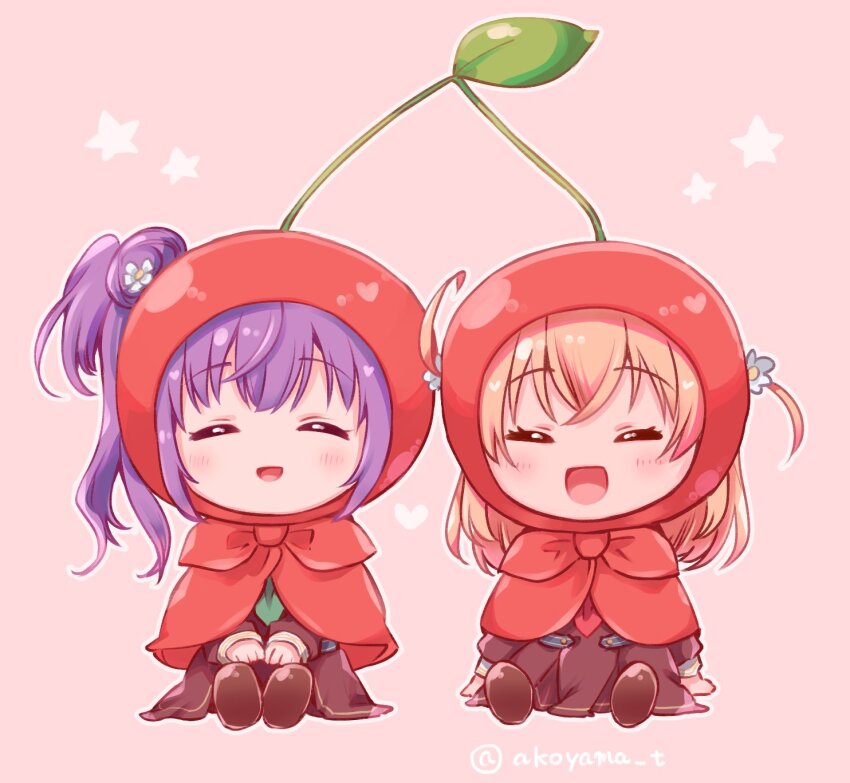2girls :d ^_^ aqua_neckerchief blush brown_dress brown_shoes capelet cherry chibi chibi_only closed_eyes commentary_request crossed_bangs dress facing_viewer flower food fruit full_body gemini_(zodiac) hair_bun hair_flower hair_ornament hand_rest hands_on_lap hasu_no_sora_school_uniform highres hinoshita_kaho hood hooded_capelet link!_like!_love_live! loafers long_hair long_sleeves love_live! medium_dress medium_hair multiple_girls neckerchief open_mouth orange_hair otomune_kozue outline pink_background pleated_dress purple_hair red_capelet red_neckerchief sailor_dress school_uniform shoe_soles shoes side_ponytail sidelocks single_side_bun sitting smile twitter_username two_side_up virtual_youtuber white_flower white_outline winter_uniform yamada_ako zodiac