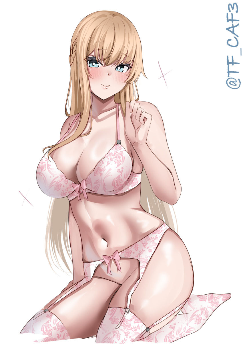 1girl absurdres alternate_costume bare_shoulders blonde_hair blue_eyes blush braid breasts cleavage closed_mouth cropped_legs floral_print_bra floral_print_panties floral_print_thighhighs garter_belt half_up_braid highres kantai_collection large_breasts long_hair navel one-hour_drawing_challenge seiza simple_background sitting smile solo stomach tf_cafe thighhighs twitter_username underwear underwear_only very_long_hair warspite_(kancolle) white_background