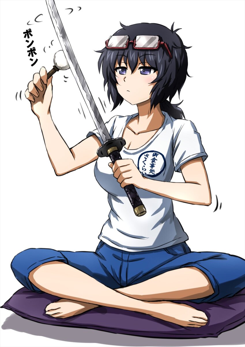 1girl aged_up barefoot black_eyes black_hair blue_pants capri_pants casual closed_mouth commentary cushion eyewear_on_head girls_und_panzer glasses half-closed_eyes highres holding holding_sword holding_weapon katana light_frown medium_hair messy_hair motion_lines omachi_(slabco) on_pillow oryou_(girls_und_panzer) pants polishing ponytail red-framed_eyewear semi-rimless_eyewear shirt short_ponytail short_sleeves simple_background sitting solo sword t-shirt translated under-rim_eyewear weapon white_background white_shirt zabuton