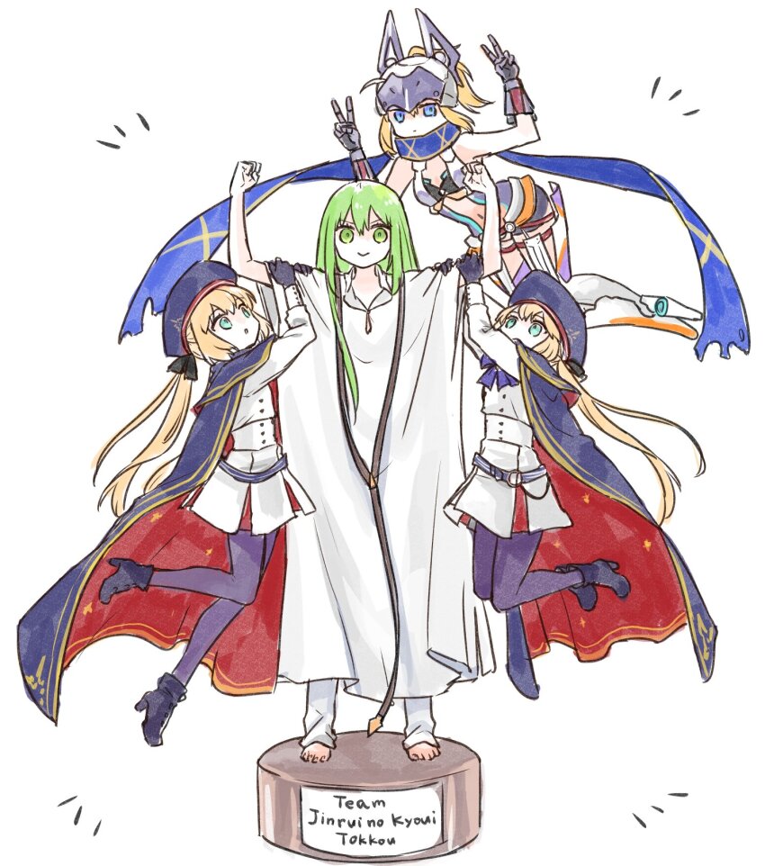 1other 3girls androgynous artoria_caster_(fate) artoria_caster_(second_ascension)_(fate) artoria_pendragon_(fate) barefoot beret black_boots black_cape black_hat black_pantyhose blonde_hair blue_eyes boots breasts cape commentary_request dress dual_persona enkidu_(fate) fate/grand_order fate_(series) flexing floating green_eyes green_hair hat helmet highres himeko_(nico6v6pachi) multiple_girls mysterious_heroine_xx_(fate) mysterious_heroine_xx_(second_ascension)_(fate) navel pantyhose robe short_dress small_breasts twintails two-sided_cape two-sided_fabric white_dress white_robe