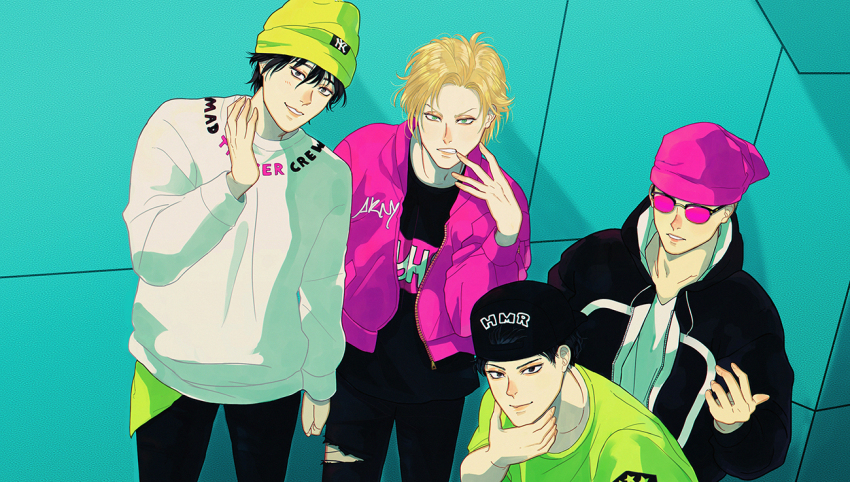 4boys ash_lynx bad_anatomy bad_hands banana_fish black_hair black_headwear black_pants blonde_hair hood hood_down jacket male_focus multiple_boys okumura_eiji pants pink_headwear pink_jacket shirt shorter_wong sing_soo-ling skullcap sunglasses throttlee tinted_eyewear torn_clothes torn_pants white_shirt yellow_headwear yellow_shirt