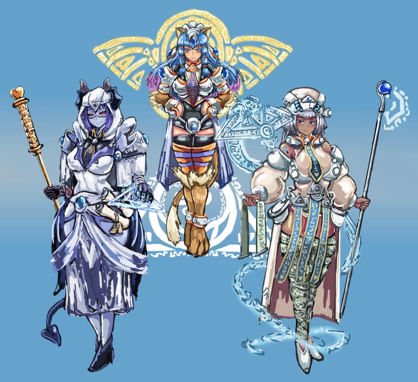 1girl 3girls ancient_egyptian_clothes animal_ears animal_hands apsara_(monster_girl_encyclopedia) arm_tattoo armor bangle blue_eyes blue_hair blue_skin bracelet braid breasts bubble cat_ears cat_girl cat_tail claws cloak colored_skin dark-skinned_female dark_skin demon_(monster_girl_encyclopedia) demon_girl frown full_body fur gloves grey_hair hands_on_own_hips hat headgear highres holding hood horns jewelry looking_at_viewer magic monster_girl monster_girl_encyclopedia monster_girl_encyclopedia_ii multiple_girls necktie panties pointy_ears red_eyes robe sash scroll shoes simple_background skirt smile solo sphinx_(monster_girl_encyclopedia) staff tail tattoo thighhighs thighs udetamago underwear white_cloak zettai_ryouiki