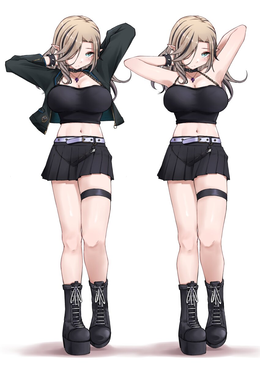 1girl :/ absurdres aqua_eyes arms_up black_jacket black_shirt black_skirt blonde_hair boots bracelet breasts cleavage collar commentary earrings english_commentary full_body goth_fashion hair_over_one_eye hands_in_own_hair highres indie_virtual_youtuber jacket jewelry kiseki_miya large_breasts long_hair midriff mole mole_under_eye momojii_e multicolored_hair navel necklace open_clothes open_jacket platform_boots pleated_skirt pointy_ears shirt skirt spiked_bracelet spikes streaked_hair thigh_strap virtual_youtuber white_background