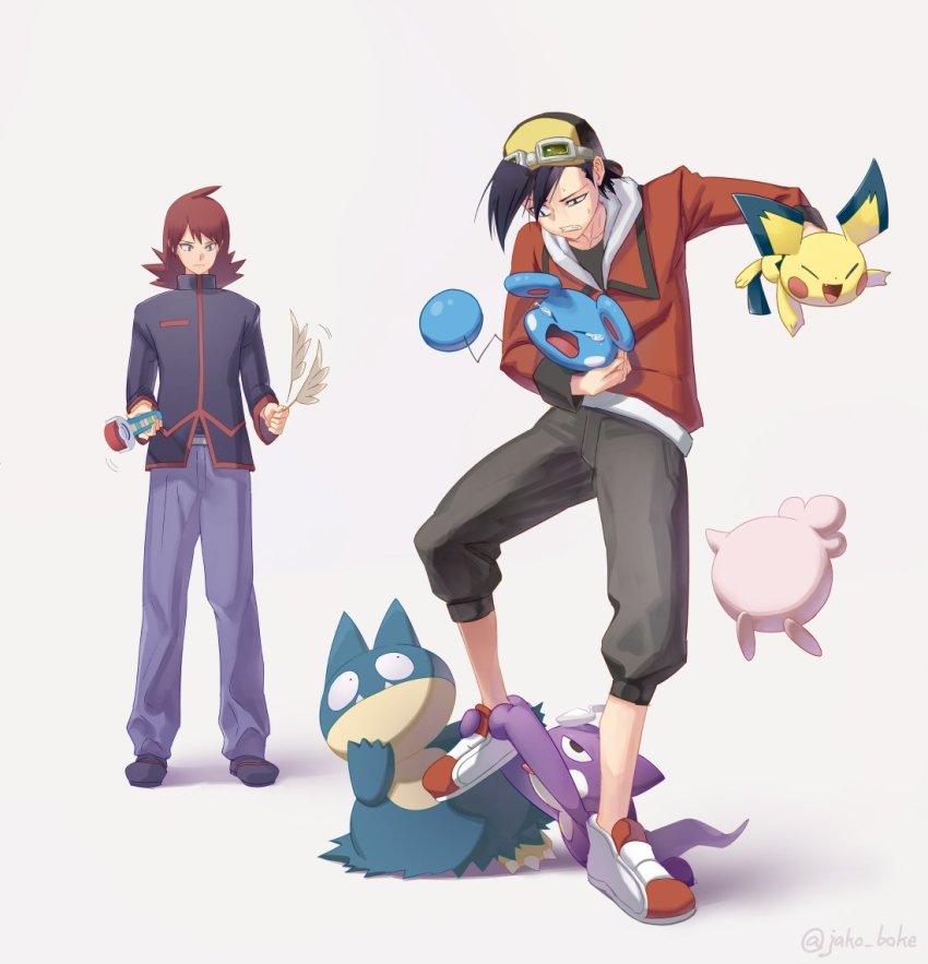 2boys azurill backwards_hat baseball_cap brown_hair capri_pants cat_teaser closed_mouth commentary_request cowlick ethan_(pokemon) flipped_hair gen_2_pokemon gen_3_pokemon gen_4_pokemon gen_8_pokemon goggles goggles_on_headwear hat holding holding_pokemon igglybuff jacket jako_(boke_poke) long_sleeves male_focus medium_hair multiple_boys munchlax nintendo pants pichu pokemon pokemon_(creature) pokemon_adventures purple_pants red_jacket shoes silver_(pokemon) standing toxel white_background