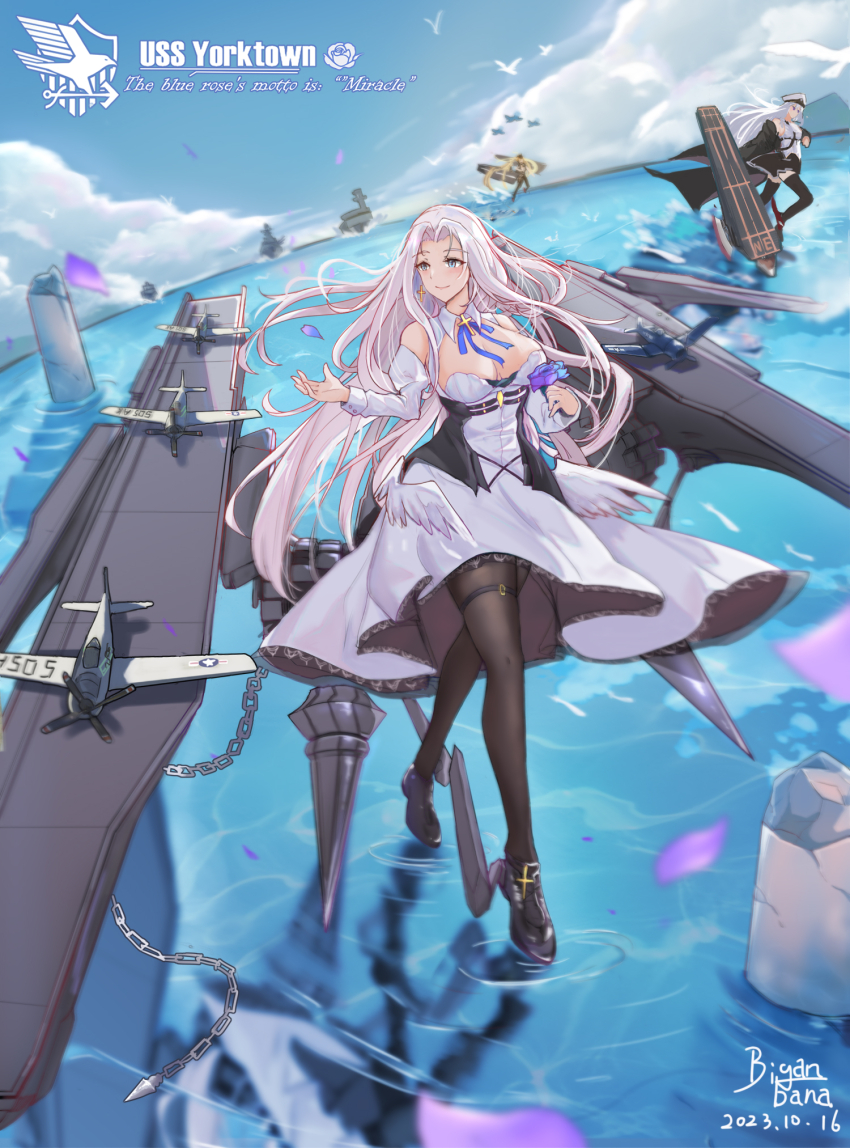 3girls artist_name azur_lane bare_shoulders biganbanani black_coat black_necktie black_pantyhose blue_eyes breasts character_name cleavage coat commentary_request cowboy_hat dated detached_collar detached_sleeves dress eagle_union_(emblem) enterprise_(azur_lane) flight_deck hat highres hornet_(azur_lane) large_breasts long_hair low_wings military_hat multiple_girls necktie open_clothes open_coat pantyhose peaked_cap purple_eyes reflection reflective_water rigging ripples shirt sleeveless sleeveless_shirt standing standing_on_liquid thigh_strap very_long_hair walking walking_on_liquid white_dress white_hair white_hat wings yorktown_(azur_lane) yorktown_ii_(azur_lane)