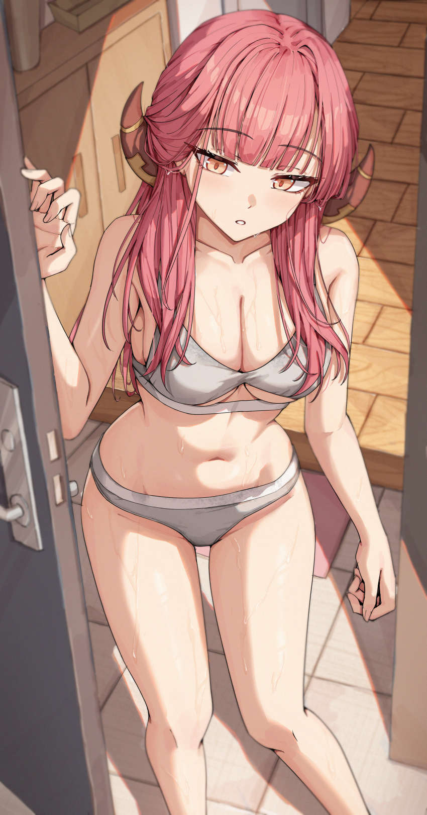 1girl absurdres aru_(blue_archive) blue_archive blush bra breasts cleavage clothing_cutout collarbone commentary_request commission demon_girl demon_horns doorway grey_bra grey_panties highres horns indoors large_breasts long_hair looking_at_viewer mimma_ring_(nobuyueli) navel open_door orange_eyes panties pink_hair pixiv_commission pov_doorway solo standing stomach sweat thighs underboob underboob_cutout underwear