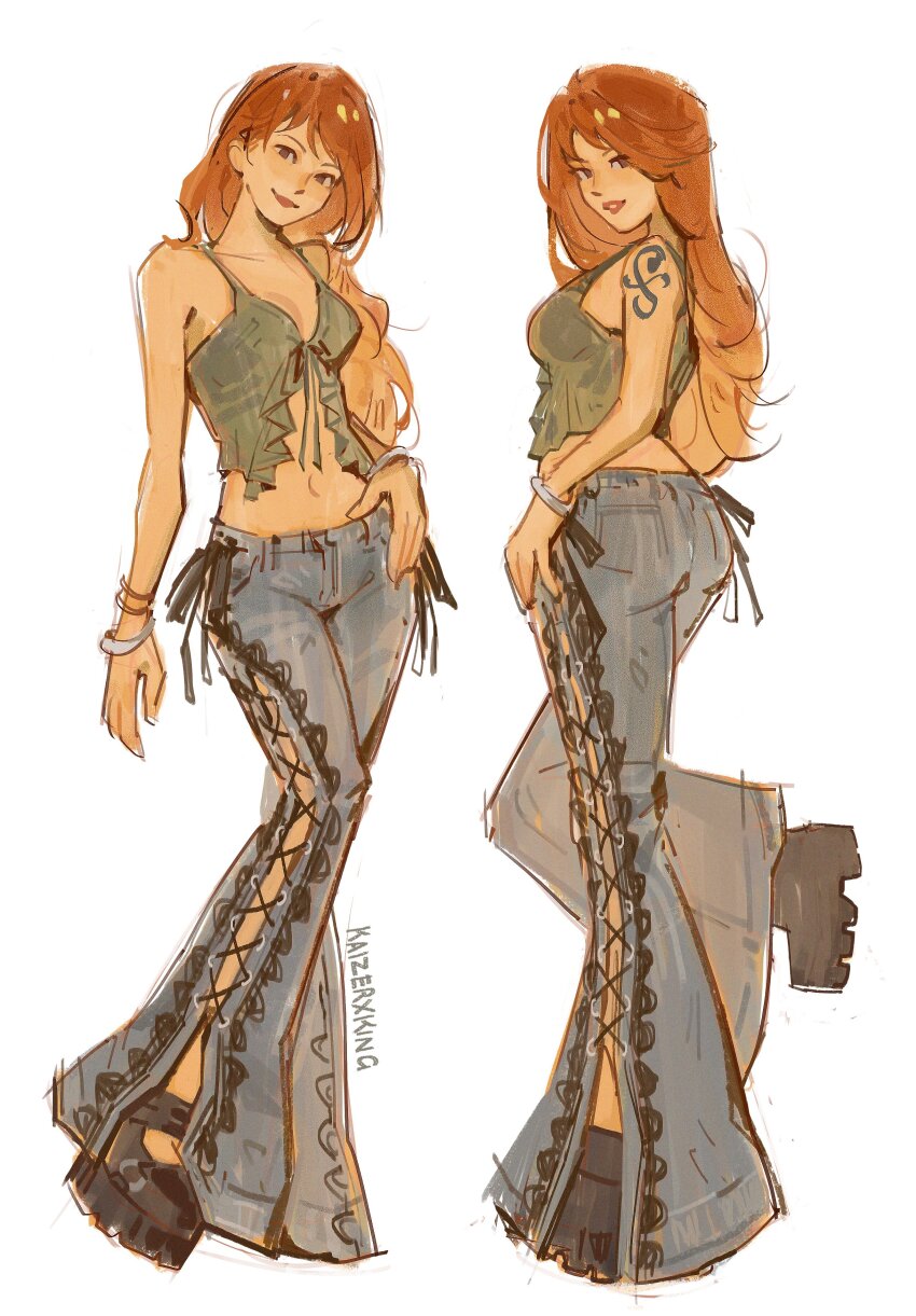 1girl absurdres arm_tattoo artist_name ass black_shoes bracelet breasts cleavage commentary cross-laced_pants denim english_commentary full_body highres jeans jewelry kaizer_(kaizerxking) long_hair looking_back multiple_views nami_(one_piece) navel one_piece orange_hair pants shoes simple_background smile solo tattoo white_background