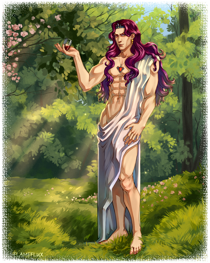 abs absurdres alcohol bare_arms bare_legs bare_shoulders barefoot curly_hair curtains earrings flower forest garden glowing gold_earrings highres horns jewelry jojo_no_kimyou_na_bouken jojo_pose kars_(jojo) legs long_hair looking_at_viewer male_focus muscular muscular_male nature outdoors pale_skin portrait purple_hair red_eyes shiny_skin solo standing sunlight vampire very_long_hair wavy_hair wine