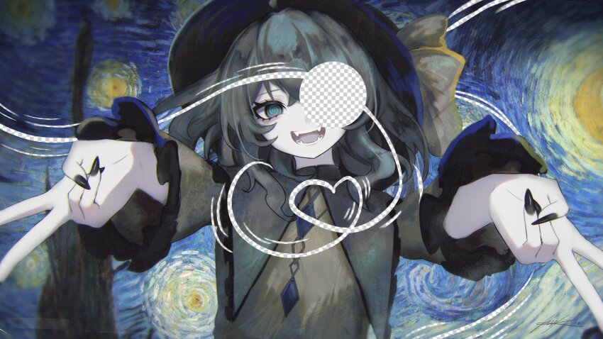 1girl absurdres black_hat black_nails buttons collared_shirt diamond_button fingernails frilled_shirt_collar frilled_sleeves frills green_eyes green_hair hat hat_ribbon heart heart_of_string highres koishi_day komeiji_koishi long_sleeves medium_hair nail_polish open_mouth ribbon shirt smile solo sutorobo72 touhou upper_body yellow_ribbon yellow_shirt