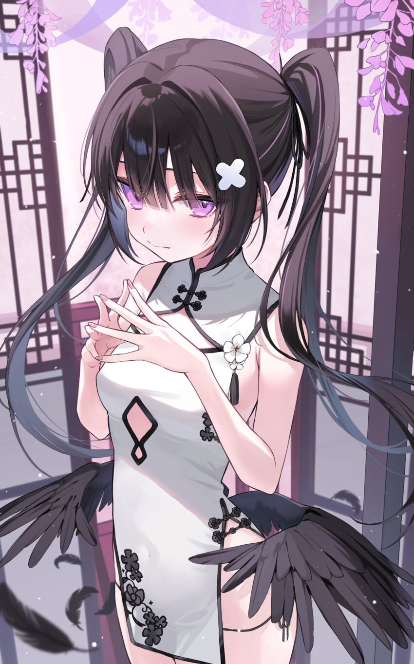 1girl asashin_(asn) bare_arms bare_shoulders black_hair blue_eyes china_dress chinese_clothes dress hair_ribbon highres looking_at_viewer original panties ribbon side-tie_panties steepled_fingers twintails underwear wings