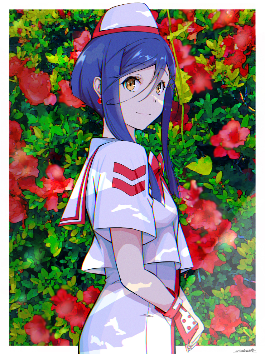 1girl absurdres aged_up aika_granzchesta andanden aria_(manga) aria_the_avvenire blue_hair bow bowtie chevron_(symbol) closed_mouth cowboy_shot cropped_shirt dress earrings fingerless_gloves flower from_side garrison_cap gloves hair_between_eyes hair_ornament hairclip hat highres himeya_company_uniform jewelry looking_at_viewer red_bow red_bowtie red_gloves sailor_collar sailor_shirt shirt short_hair_with_long_locks short_sleeves sidelocks single_fingerless_glove smile solo summer_uniform swept_bangs white_dress white_shirt yellow_eyes