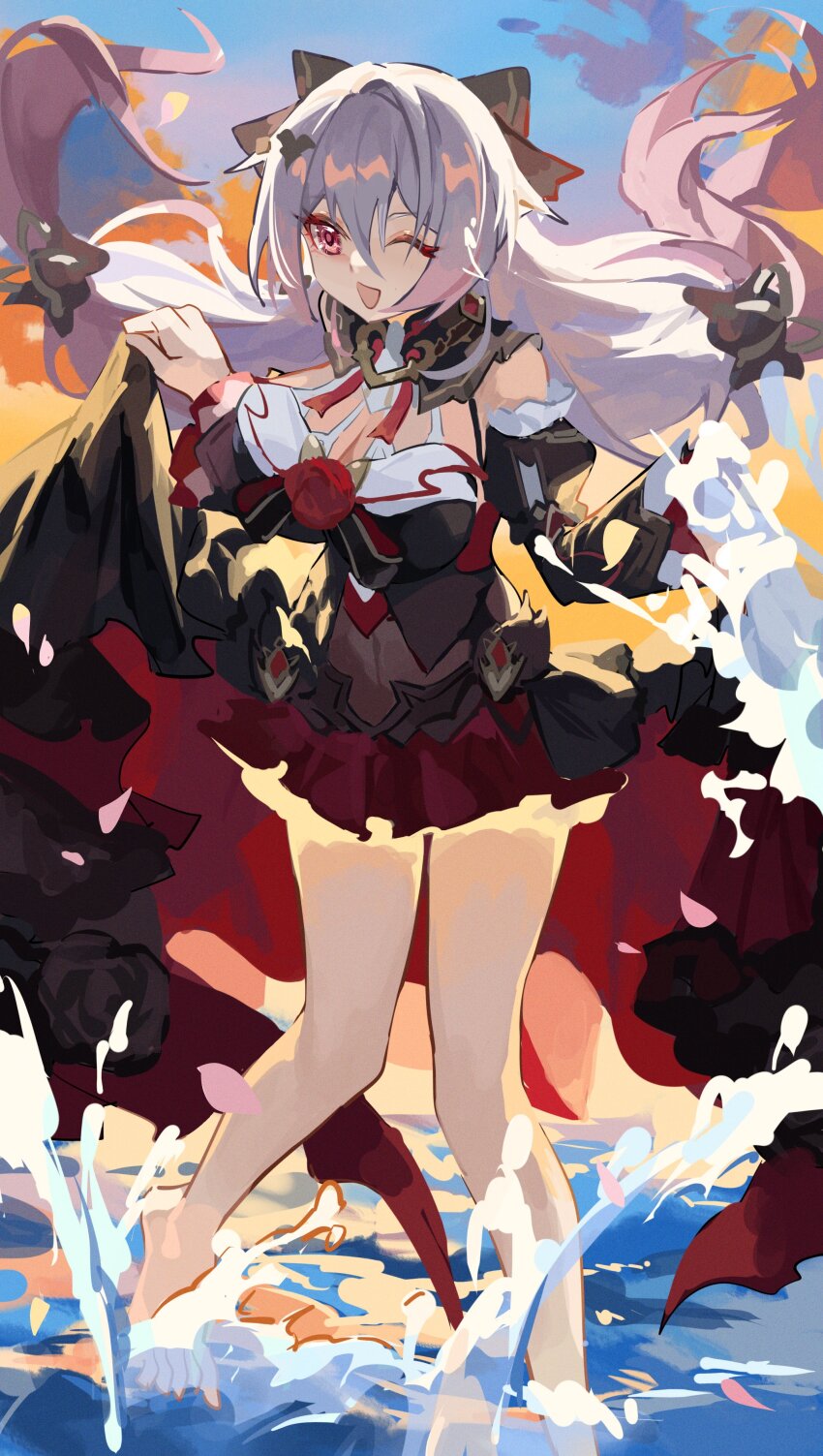 1girl absurdres bare_legs barefoot black_dress black_ribbon breasts cleavage dress feet hair_ribbon highres honkai_(series) honkai_impact_3rd large_breasts legs long_hair looking_at_viewer one_eye_closed open_mouth red_eyes ribbon solo sunset theresa_apocalypse theresa_apocalypse_(luna_kindred) theresa_apocalypse_(lunar_vow:_crimson_love) wading water white_hair xinliu_asato