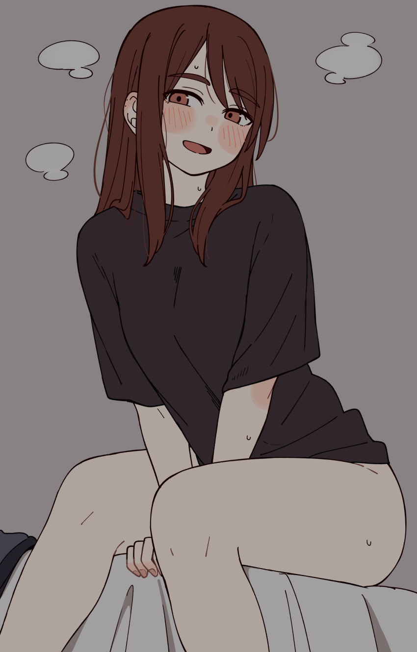 1girl :d absurdres between_legs black_shirt blush_stickers bottomless breasts brown_eyes brown_hair feet_out_of_frame grey_background grey_panties hand_between_legs highres kapatarou looking_at_viewer open_mouth original panties shirt short_sleeves simple_background sitting small_breasts smile solo sweat thick_eyebrows underwear unworn_panties