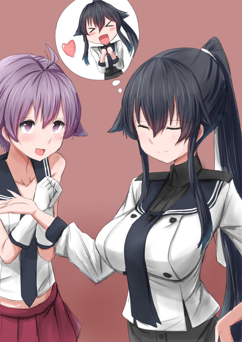 absurdres black_hair black_shirt blue_sailor_collar closed_eyes commentary_request gloves highres jacket kamaboko_senshi kantai_collection long_hair purple_eyes purple_hair red_skirt sailor_collar sakawa_(kancolle) shirt short_hair skirt smile speech_bubble very_long_hair white_gloves white_jacket yahagi_(kancolle) yahagi_kai_ni_(kancolle)