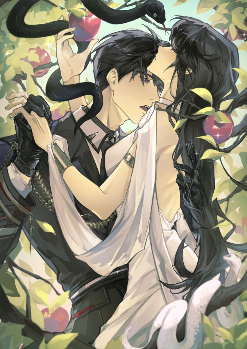 apple backless_dress backless_outfit black_gloves black_hair black_jacket black_necktie black_pants black_snake breasts caleb_(love_and_deepspace) collared_shirt couple dress food fruit gloves hair_between_eyes hetero highres holding holding_food holding_fruit holding_hands in_tree interlocked_fingers jacket long_hair love_and_deepspace medium_breasts necktie open_mouth pants parted_lips protagonist_(love_and_deepspace) shirt short_hair snake tree white_dress white_shirt white_snake yibai0419