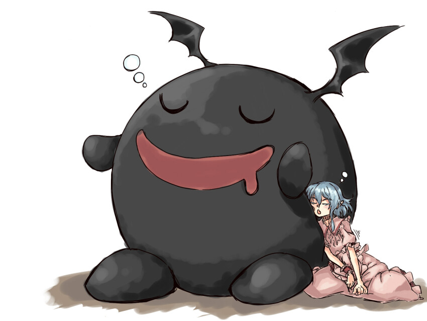 1boy 1girl bat_wings black_skin blue_hair closed_eyes colored_skin crossover dress drooling fernandez frilled_dress frills head_wings highres kcajonama leaning_on_person m.u.g.e.n remilia_scarlet short_hair side-by-side sitting sleeping sleeping_on_person sleeping_together sleeping_upright touhou trait_connection waku_waku_7 wings wrist_cuffs
