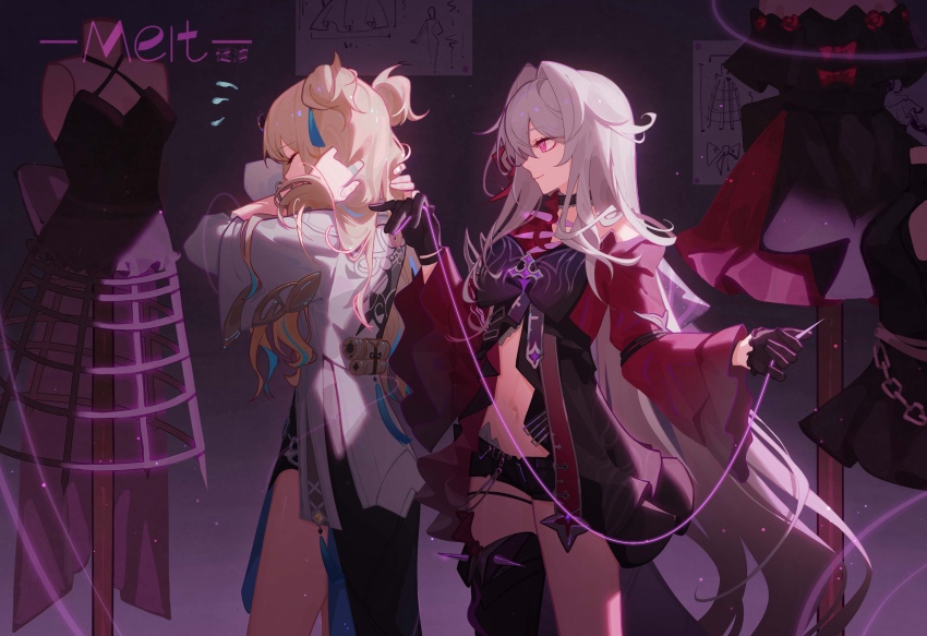 2girls absurdres artist_name asymmetrical_clothes asymmetrical_coat black_bow black_choker black_dress black_gloves black_shorts black_thighhighs blonde_hair bow bright_pupils chinese_commentary choker closed_eyes closed_mouth coat commentary_request cowboy_shot dress flying_sweatdrops gloves grey_hair hair_intakes hair_ornament hair_over_shoulder highres holding holding_sewing_needle honkai_(series) honkai_impact_3rd huge_bow jacket long_hair looking_at_another meirong micro_shorts multiple_girls navel purple_eyes red_coat red_dress ribbon shorts single_thighhigh smile songque songque_(astralop) standing stomach string thelema_nutriscu thelema_nutriscu_(mad_pleasure:_shadowbringer) thighhighs thighs two_side_up very_long_hair white_hair white_jacket white_pupils