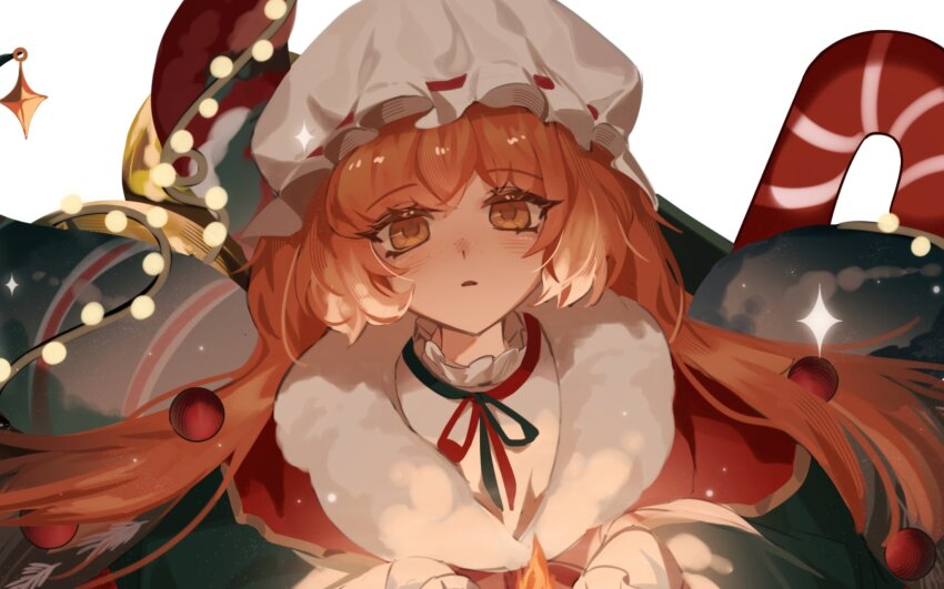 1girl candy candy_cane christmas christmas_lights christmas_nightmare_(e.g.o) close-up e.g.o_(project_moon) flaqjtmfmf food hat highres ishmael_(project_moon) limbus_company long_hair looking_at_viewer mob_cap neck_ribbon orange_eyes orange_hair project_moon ribbon sidelocks simple_background solo underlighting upper_body very_long_hair white_background
