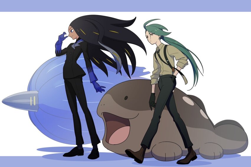 2girls androgynous black_gloves black_hair black_jacket black_necktie black_pants black_shoes blue_gloves brown_shirt brown_shoes buttons clodsire commission creatures_(company) double-breasted full_body game_freak geeta_(pokemon) gloves green_hair hand_in_pocket hitohito jacket letterboxed long_hair low_ponytail multiple_girls necktie nintendo open_mouth outside_border pants pokemon pokemon_(creature) pokemon_sv ponytail red_eyes reverse_trap rika_(pokemon) second-party_source shirt shoes simple_background standing suspenders swept_bangs walking white_background