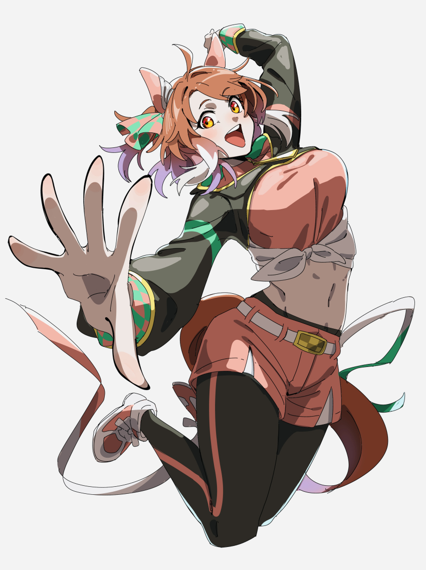 1girl :d absurdres ahoge animal_ears belt black_leggings black_pantyhose black_shrug blush bow breasts brown_eyes brown_hair checkered_ribbon colored_tips dantsu_flame_(center_spotlight)_(umamusume) dantsu_flame_(umamusume) ear_covers ear_ribbon from_side grey_background highres horse_ears horse_girl horse_tail large_breasts leggings leggings_under_shorts legs_up looking_at_viewer midriff multicolored_hair navel ohayonabeno open_mouth pantyhose pink_shoes pink_shorts shirt shoes shorts shrug_(clothing) simple_background smile solo tail teeth tied_shirt umamusume upper_teeth_only white_background white_belt white_hair